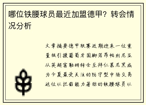 哪位铁腰球员最近加盟德甲？转会情况分析
